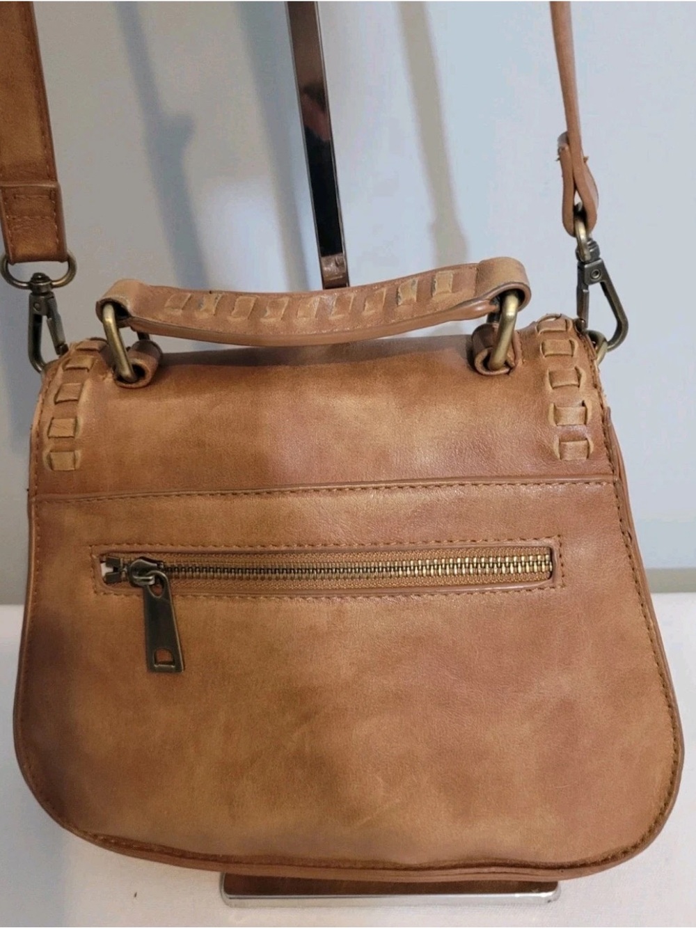 Altar’d State Satchel Crossbody Bag Brown Whipstitch Faux Leather Shoulder Purse - Picture 4 of 12